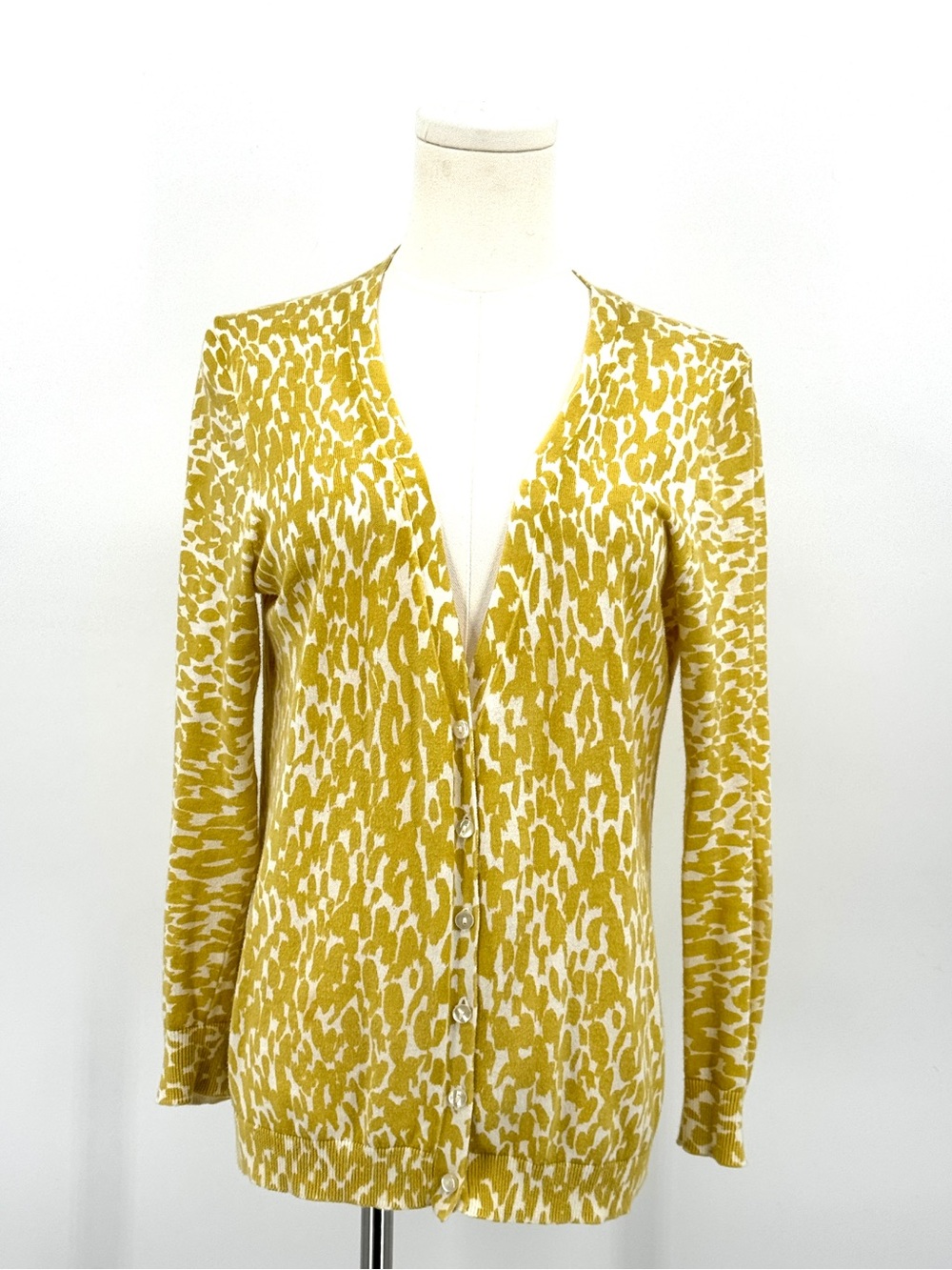 J. Crew Mustard Yellow and Cream Patterned V-Neck Button Cardigan